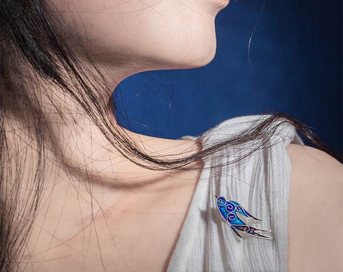 飞燕银花丝珐琅胸针中国传统手工艺饰品银饰品 A